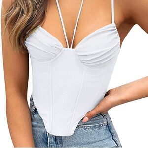 Modegal Women's Halter Fish Boned Ruched Push Up Spaghetti Corset Crop Top